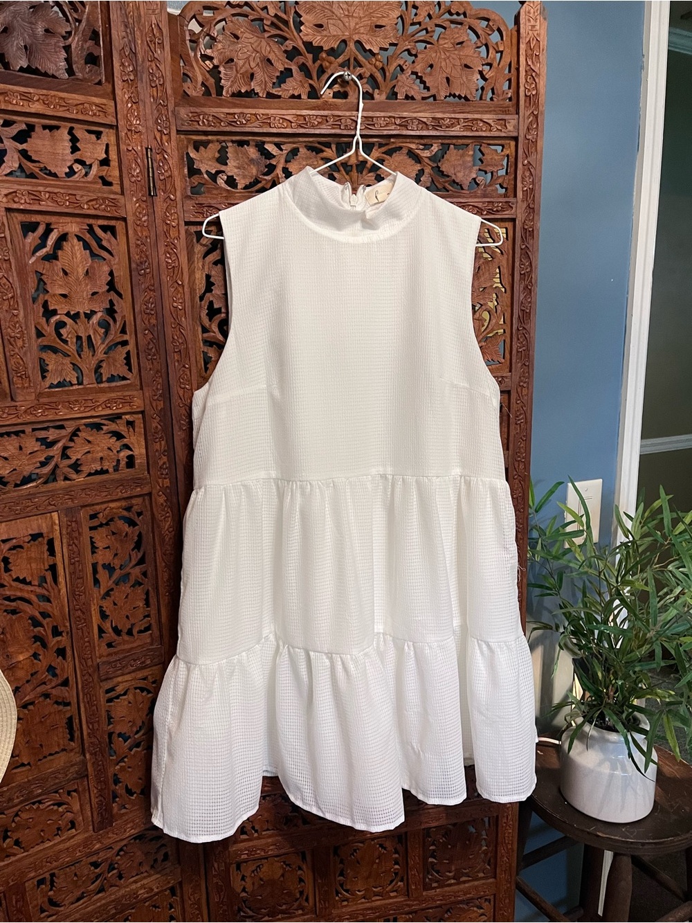Lena White Tiered Mock Neck Dress